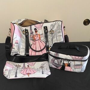 Elegant Women's Tote Bag Set with Parisian Design - Pink